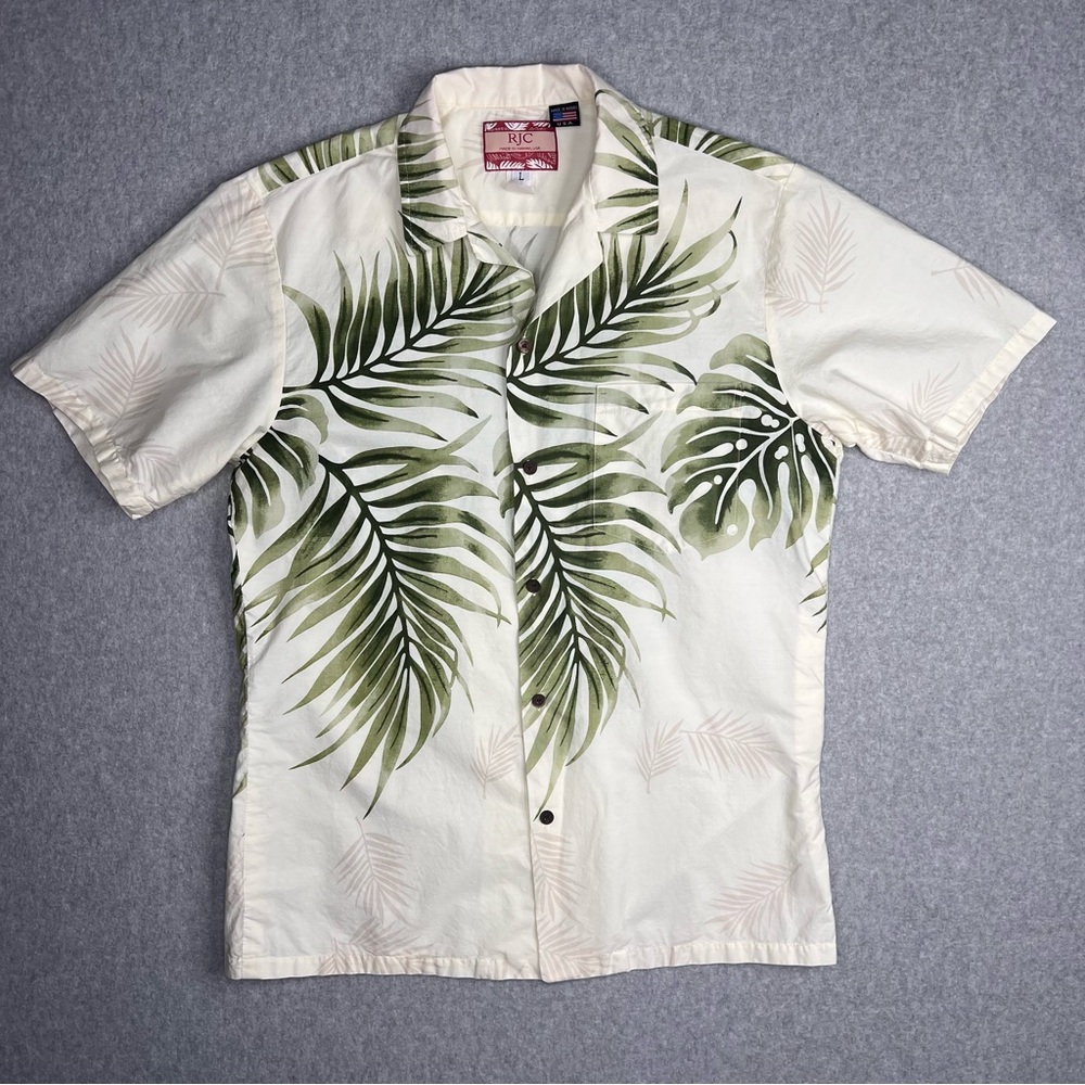RJC Made In Hawaii USA Mens Large Hawaiian Aloha Shirt Cream Green Leaf Print